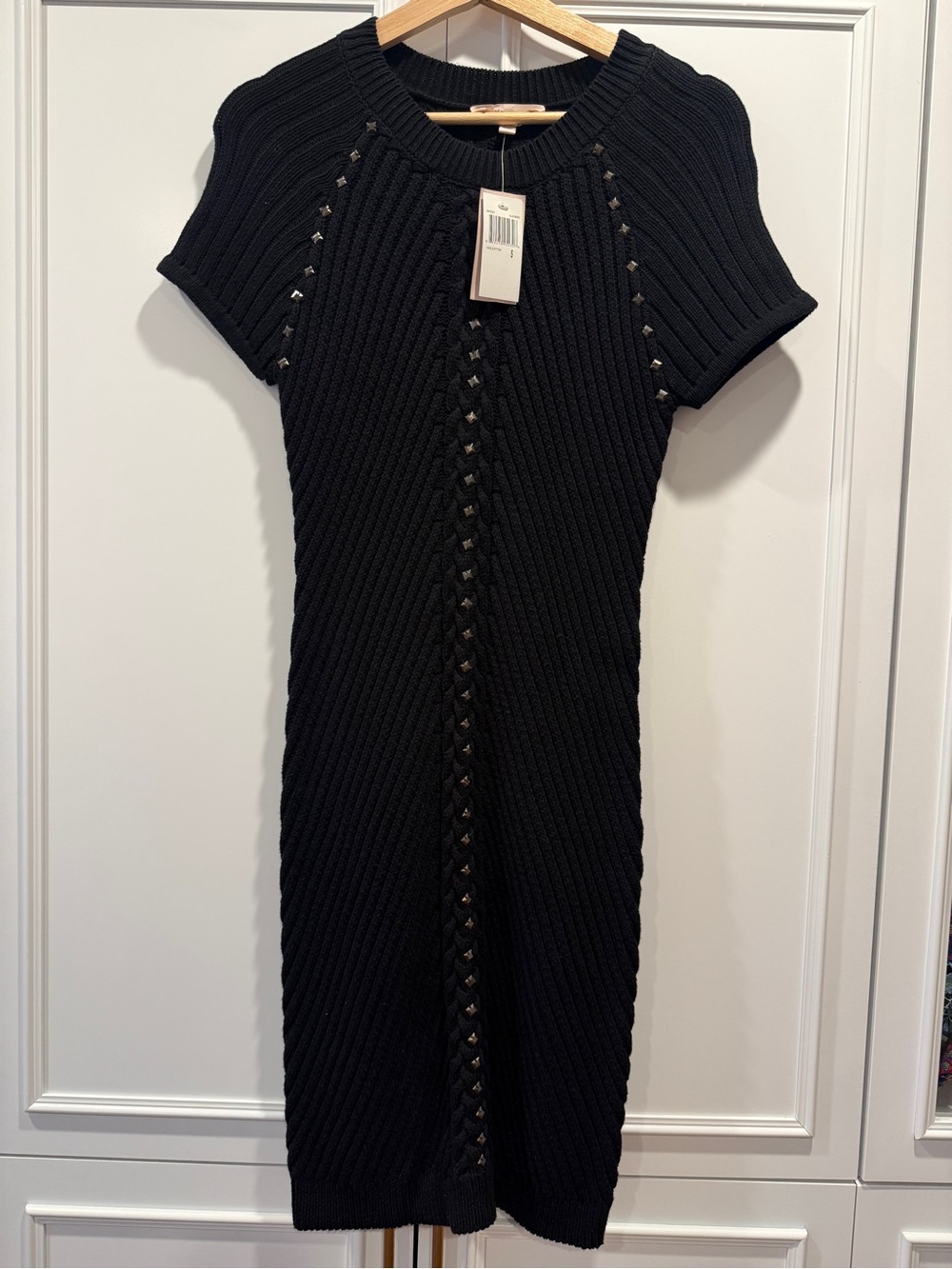 Philosophy Black Ribbed Short-Sleeve Midi Dress with Stud Trim
